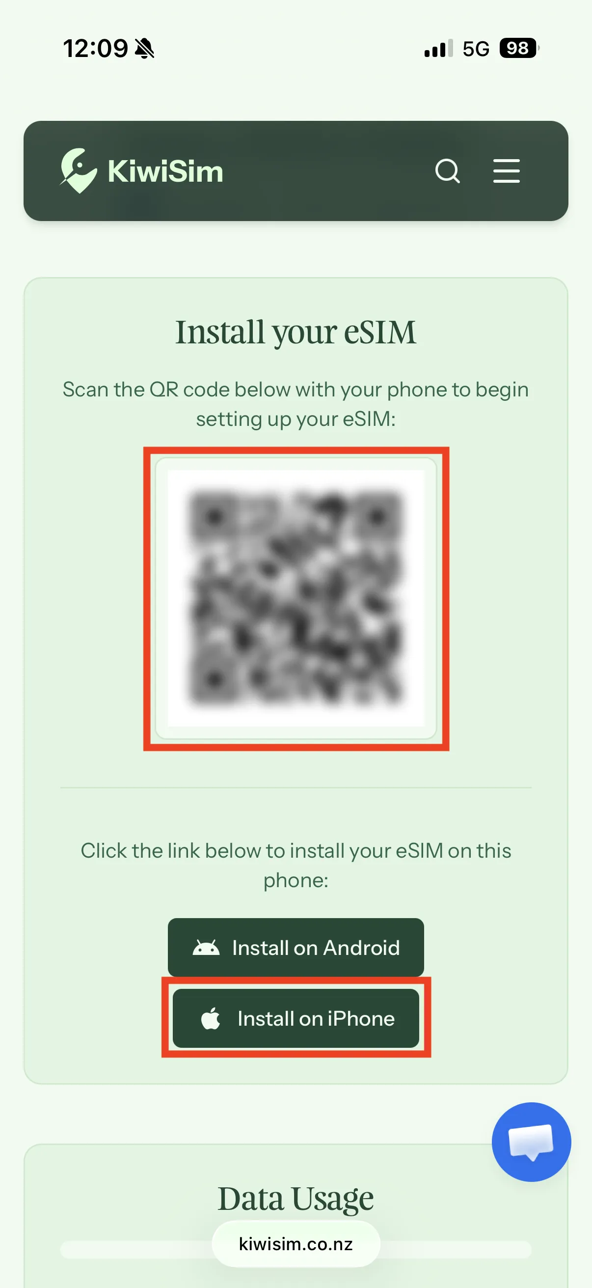 Order page showing the Install on iPhone button and QR code
