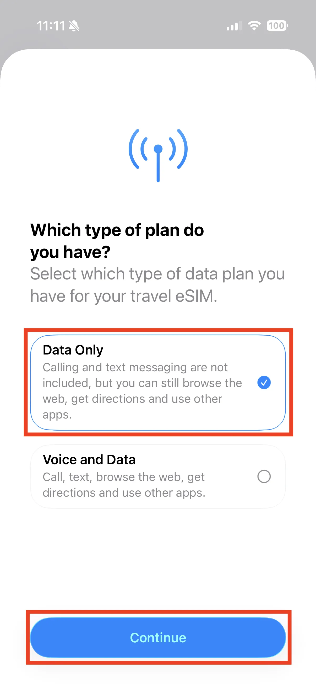 The Data Only plan option prompt