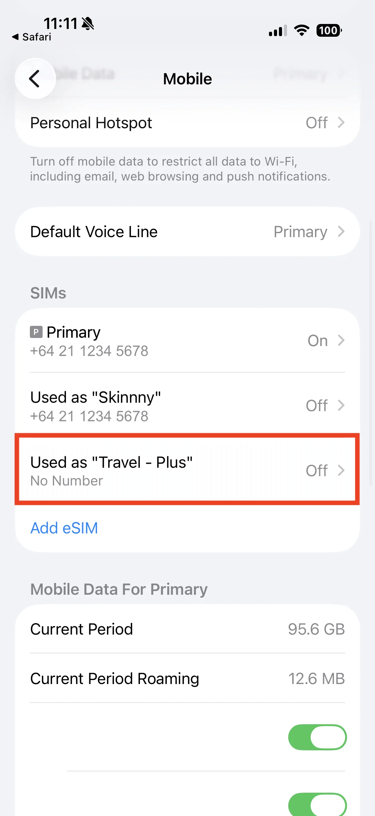 The SIMs section showing existing SIMs with phone numbers and the new travel eSIM with no number