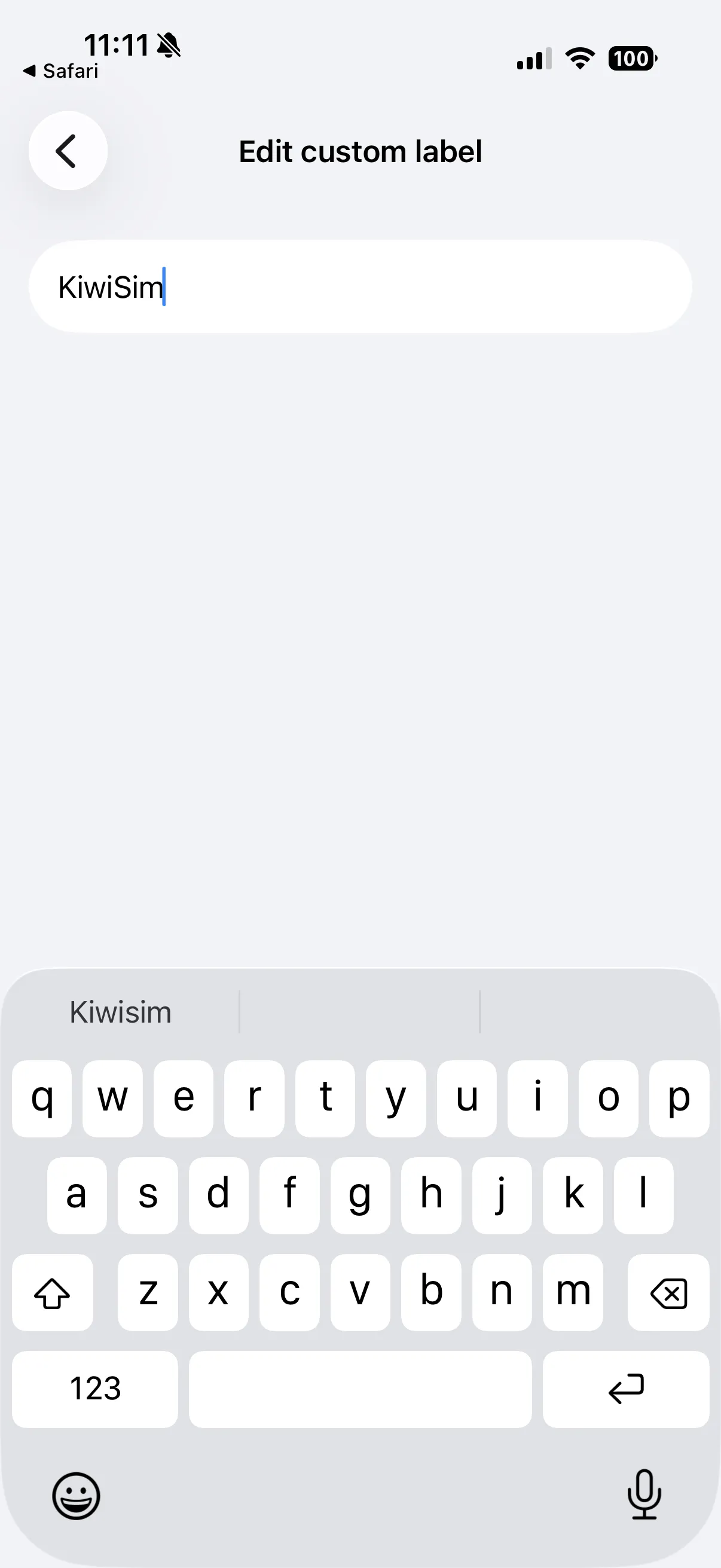 Entering the label KiwiSim for the eSIM