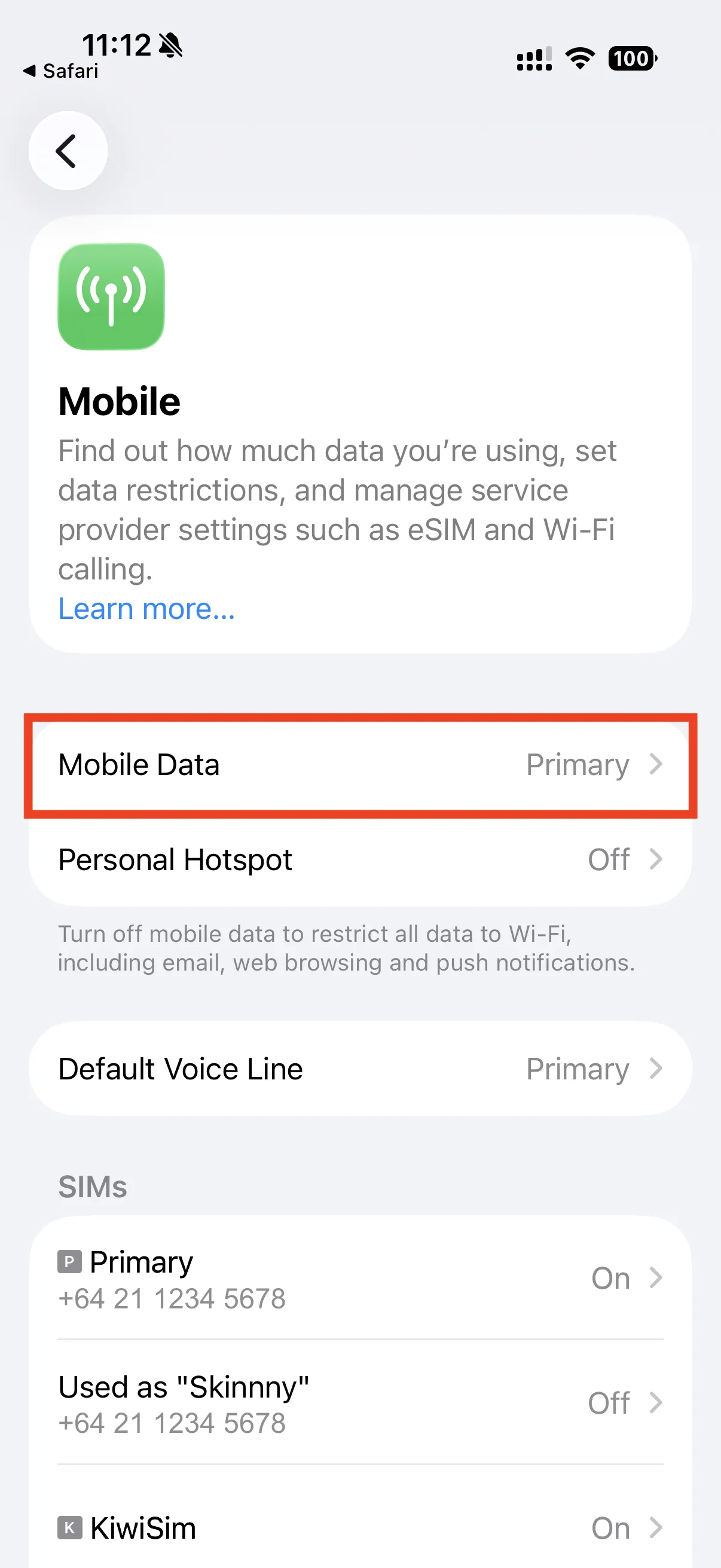 Tapping Mobile Data on the Mobile Service page