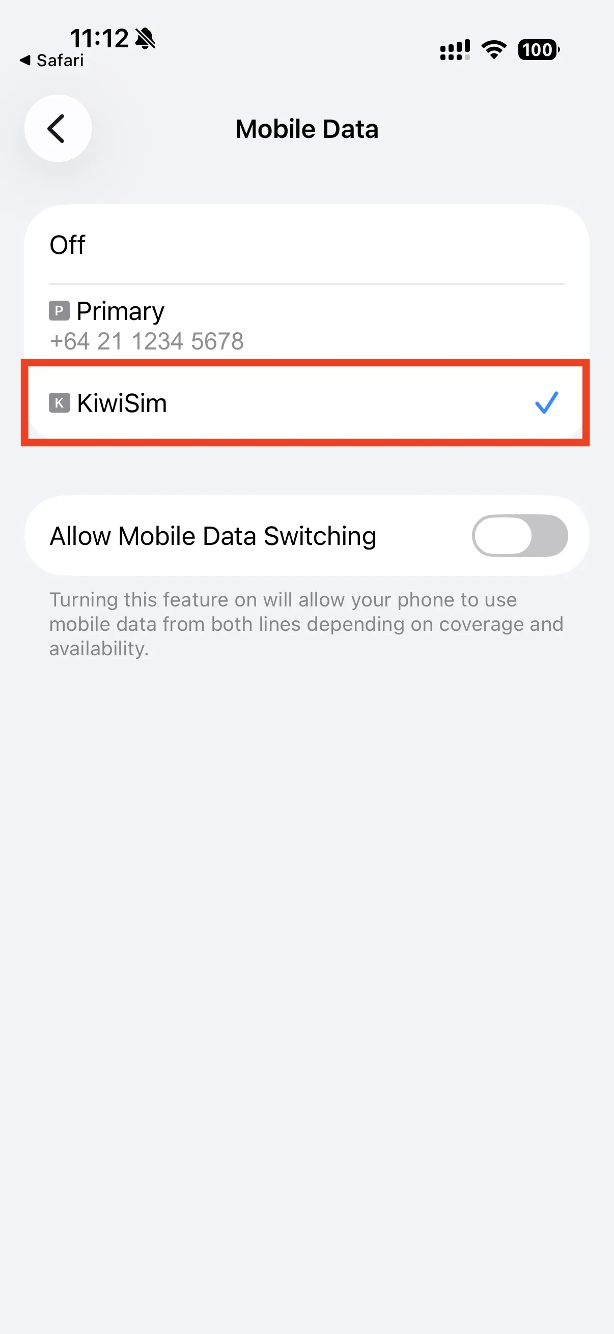 Selecting KiwiSim as the Mobile Data line
