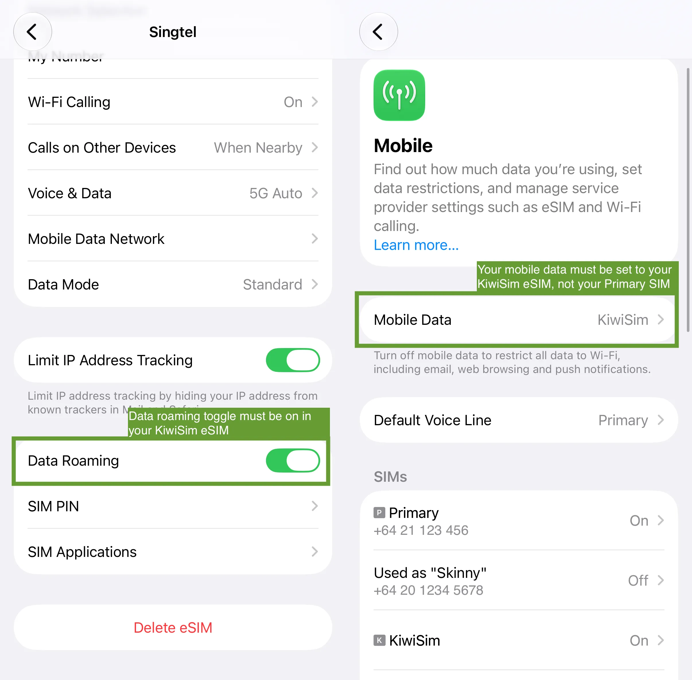 The KiwiSim eSIM settings on iPhone with Turn On This Line and Data Roaming switched on