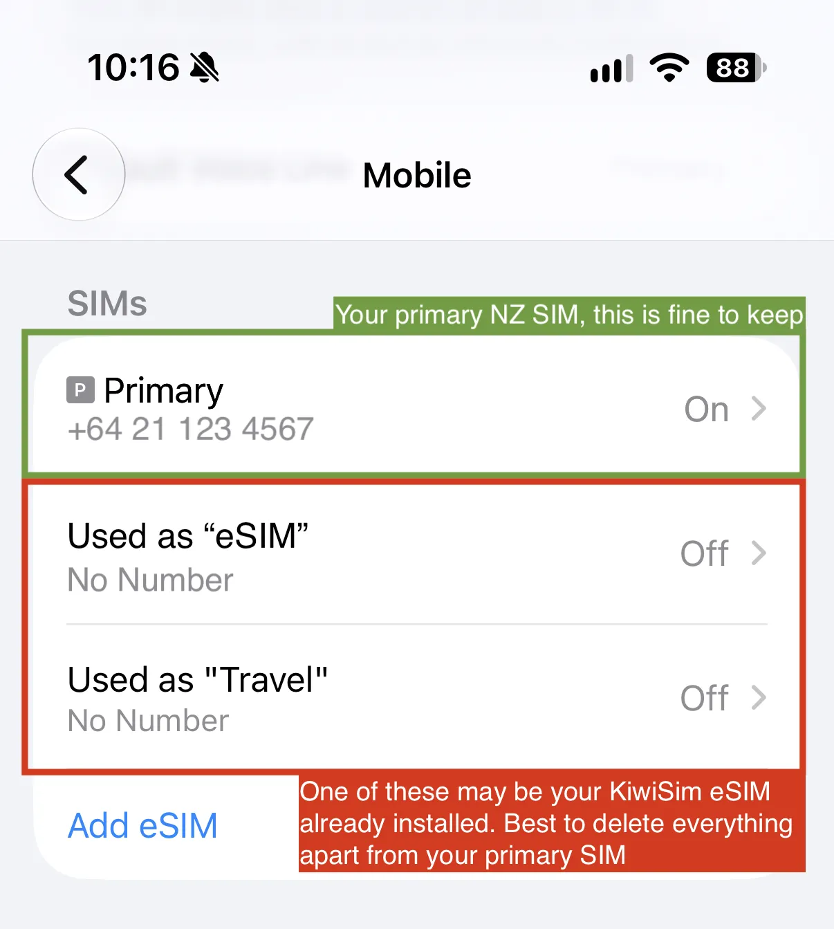 The SIMs list in iPhone settings, showing the New Zealand SIM and the KiwiSim eSIM without a phone number